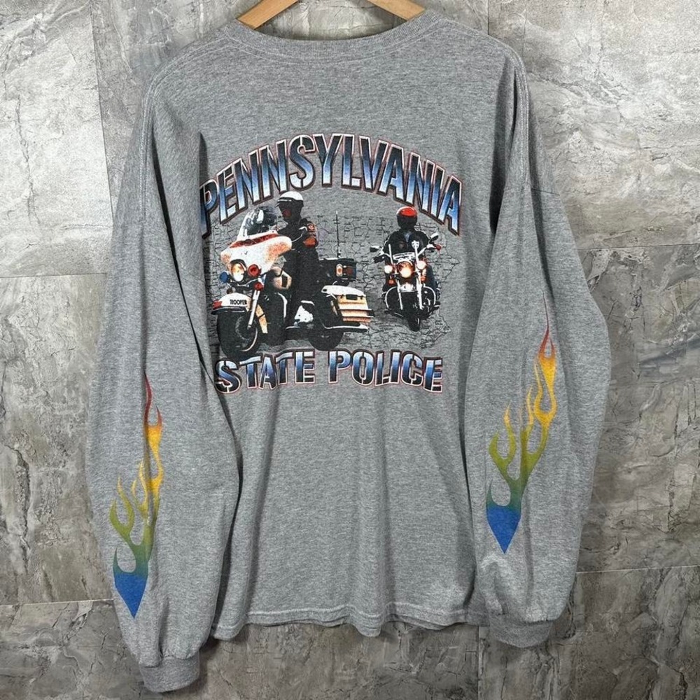 Pennsylvania State Police multicolor flame sleeve hit grey long sleeve shirt XXL